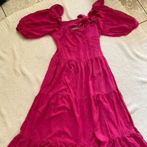 Hot pink tiered maxi dress with puff sleeves